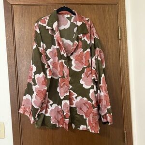 Floral Button-Down Shirt — Olive with Pink Floral Print